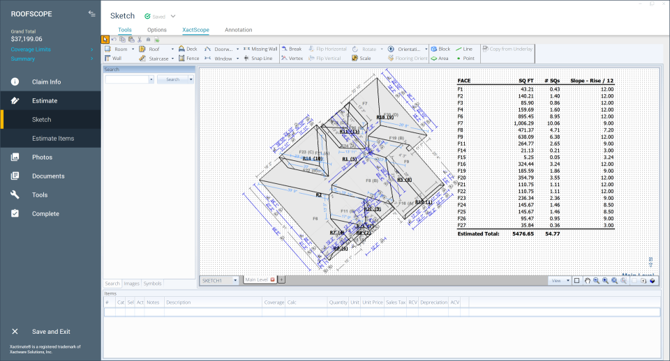 Xactimate - Roof Sketch Plan View